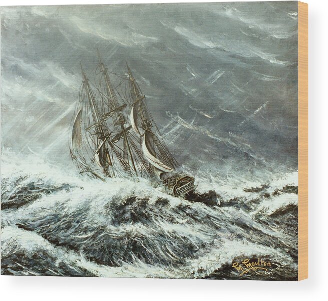 Sailing Wood Print featuring the painting Square rigged sailing ship in a storm by Mackenzie Moulton
