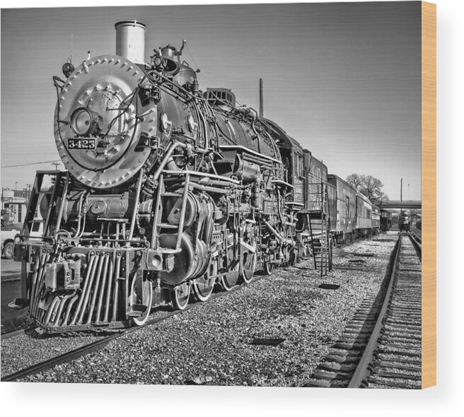 Black And White Wood Print featuring the photograph Steam Locomotive 3423 by David and Carol Kelly