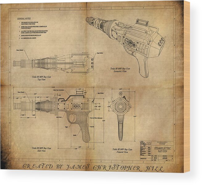 Steampunk; Gears; Housing; Cogs; Machinery; Lathe; Columns; Brass; Copper; Gold; Ratio; Rotation; Elegant; Forge; Industry; Plasma Wood Print featuring the painting Steampunk Raygun by James Hill