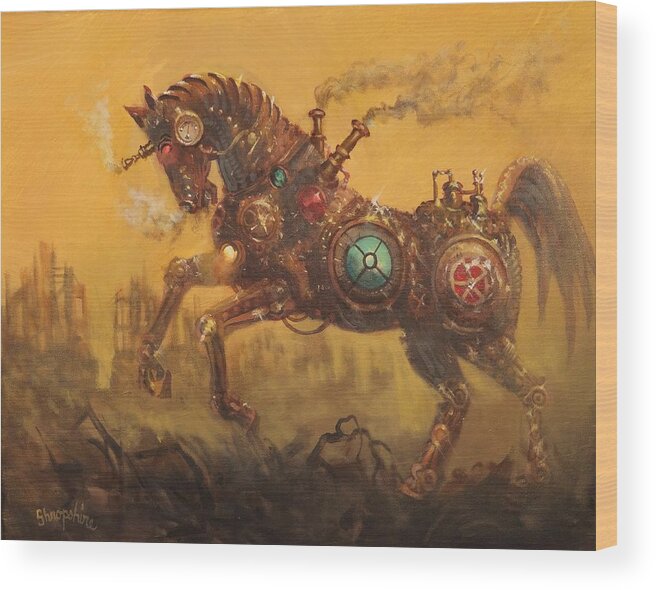 Steampunk Wood Print featuring the painting Steampunk War Horse by Tom Shropshire