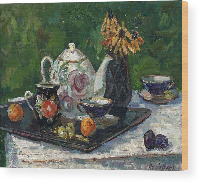 Still Life Wood Print featuring the painting Still life with white teapot by Juliya Zhukova