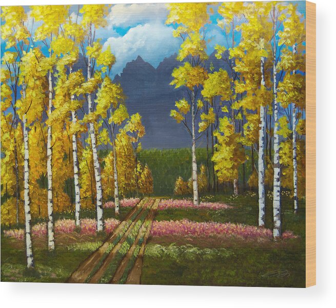 Landscape Of The Tetons Wood Print featuring the painting Streaming Sun Light by Judi Hendricks