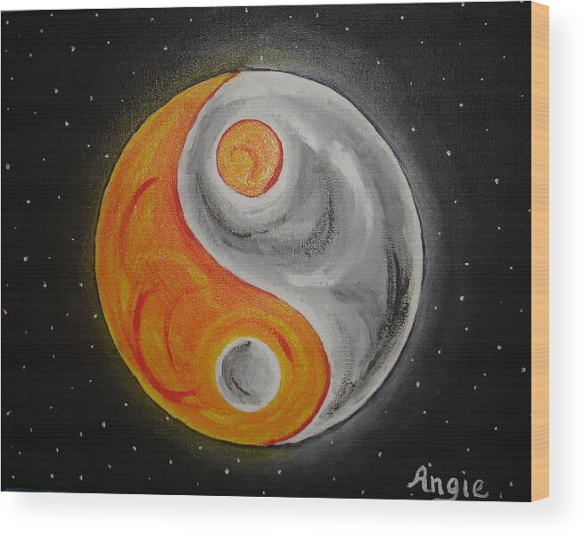 Ying Yang Wood Print featuring the painting Sun and Moon Ying Yang by Angie Butler