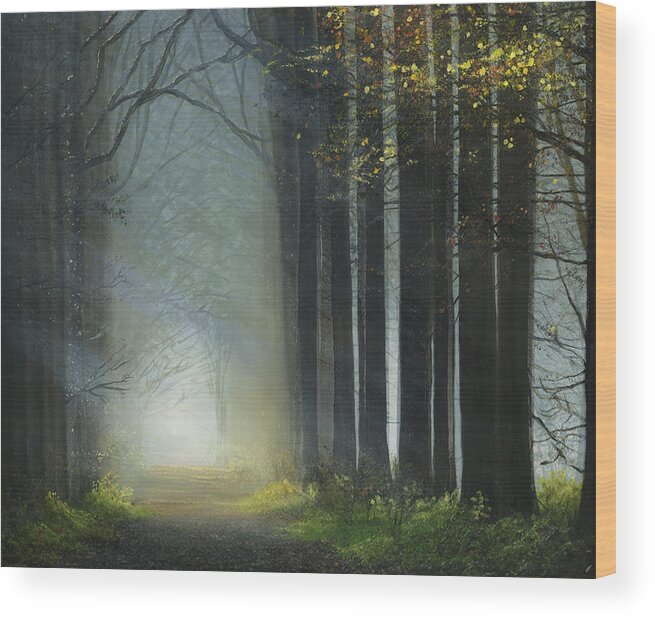 Woods Sun Light Sun Shine Lit Path Forest Painting Oil Original Cecilia Brendel Trees Autumn Leaves Jesus Bible Religious Uphoria Etheriel Ethereus Wood Print featuring the painting Sunlit Path by Cecilia Brendel