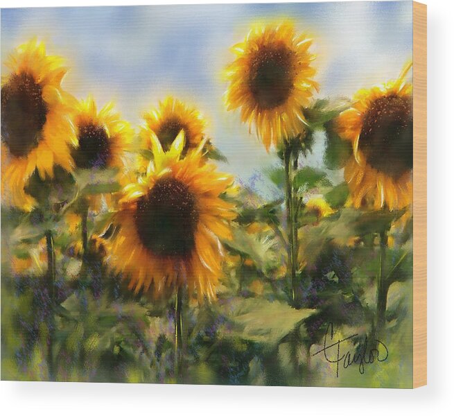 Sunflowers Wood Print featuring the painting Sunny-Side Up by Colleen Taylor