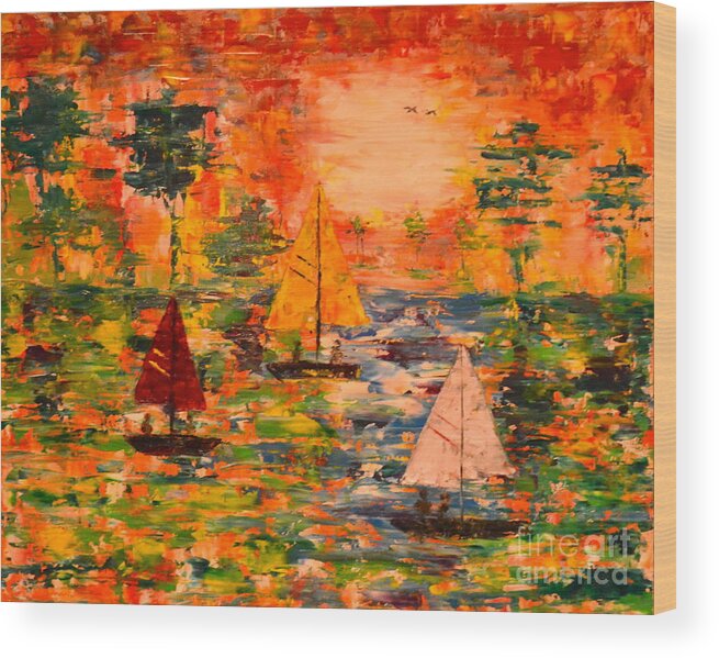 Abstract Wood Print featuring the painting Sunset Sailing by Denise Tomasura