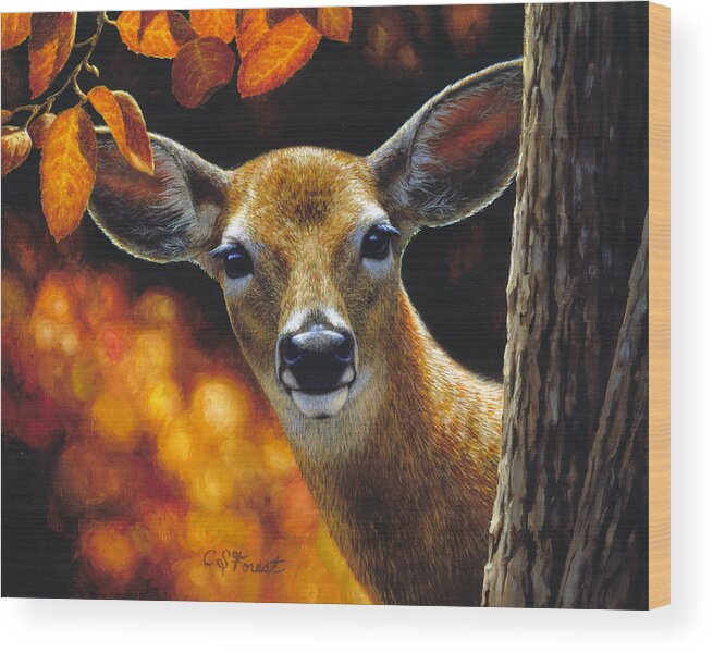 Doe Wood Print featuring the painting Whitetail Deer - Surprise by Crista Forest