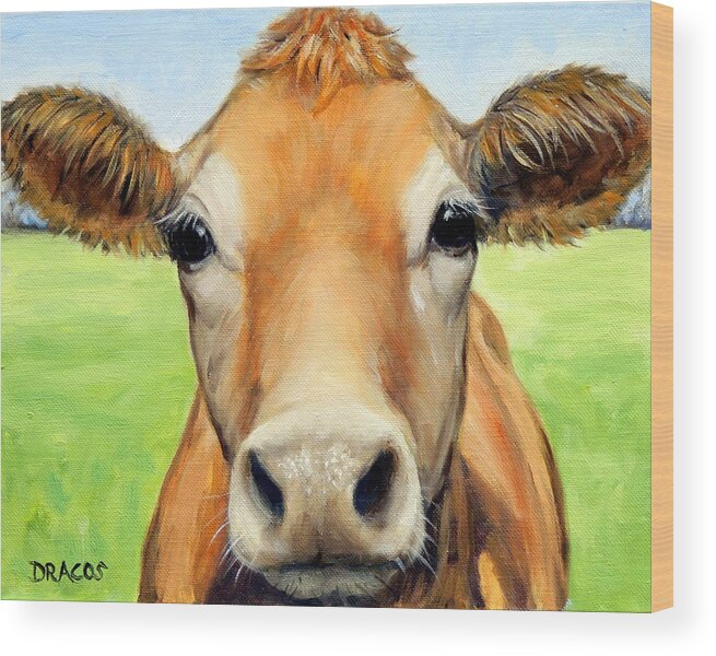 Jersey Cow Wood Print featuring the painting Sweet Jersey Cow in Green Grass by Dottie Dracos