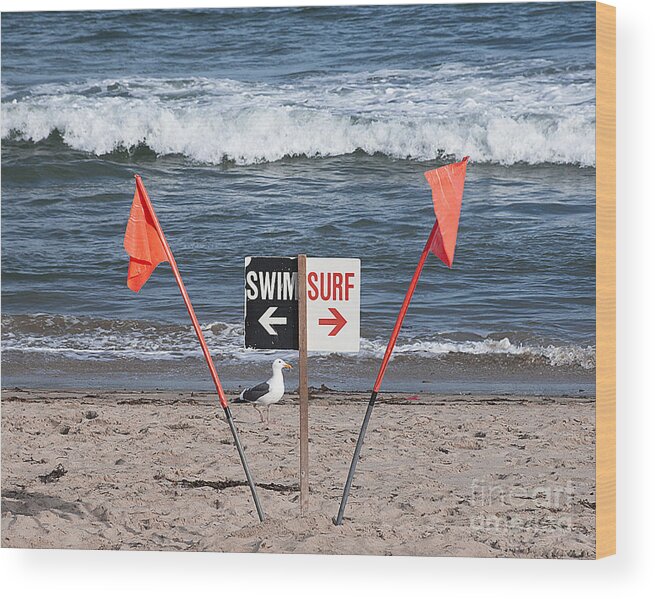 Surf Swim Ocean Lifeguard Sign Wood Print featuring the photograph Swim Surf OK Surfing It Is At The Beach by Jerry Cowart