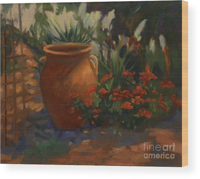 Contemporary Floral Wood Print featuring the painting Terra Cotta Garden by Maria Hunt