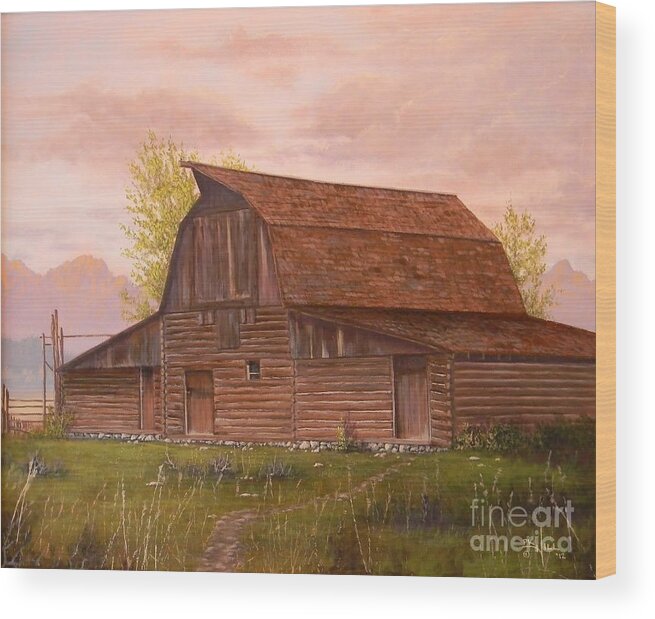 Teton Barn Wood Print featuring the painting Teton Barn by Paul K Hill