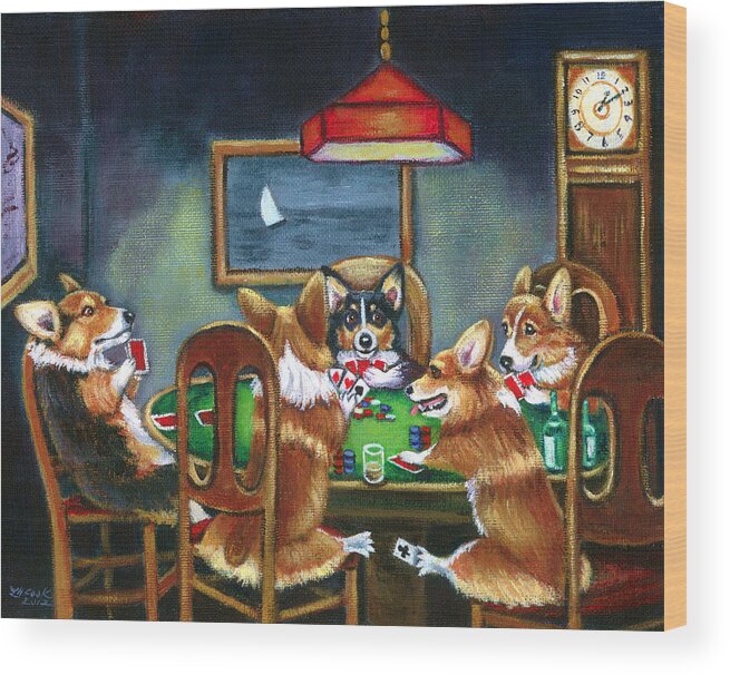 Pembroke Welsh Corgi Wood Print featuring the painting The Corgi Poker Game by Lyn Cook