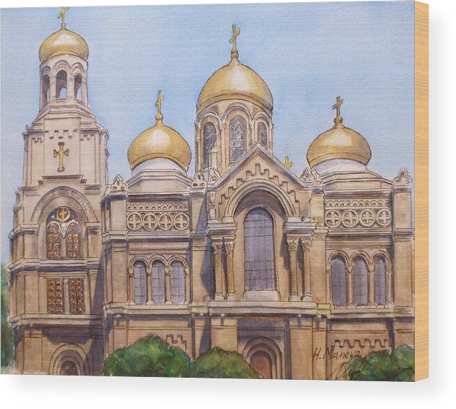 Architecture Wood Print featuring the painting The Dormition of the Mother of God Cathedral Varna Bulgaria by Henrieta Maneva