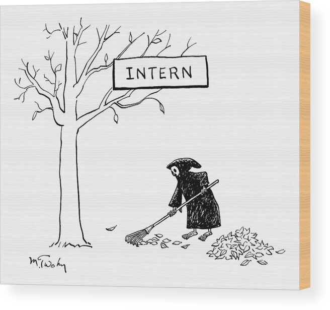 Grim Reaper Wood Print featuring the drawing The Grim Reaper Rakes Up A Pile Of Leaves by Mike Twohy