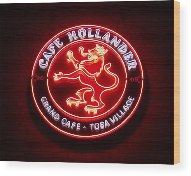 Cafe Hollander Neon Sign Wauwatosa Tosa Village Wood Print featuring the digital art The Hollander Glow by Geoff Strehlow