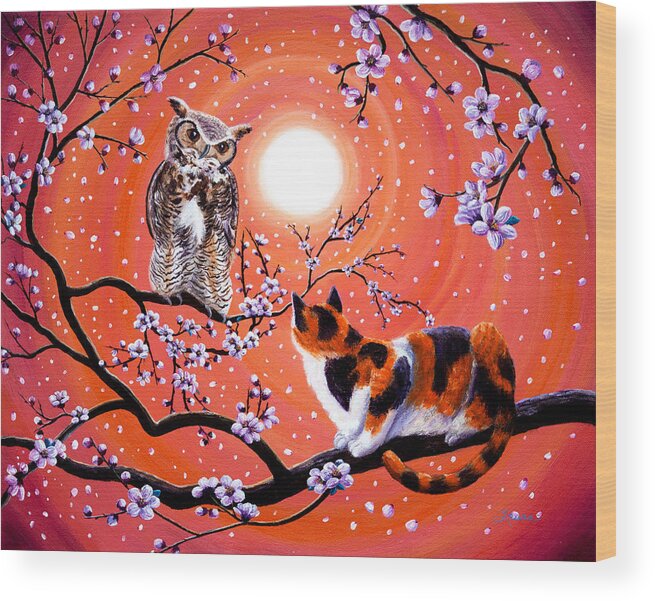 Peach Wood Print featuring the painting The Owl and the Pussycat in Peach Blossoms by Laura Iverson