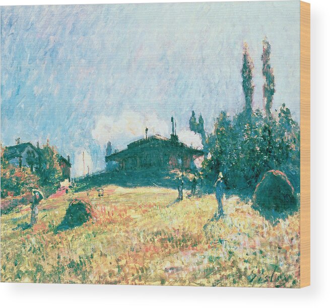 La Gare De Sevres; Steam Train; Impressionist; Landscape; Railway; Hillside Wood Print featuring the painting The Station at Sevres by Alfred Sisley