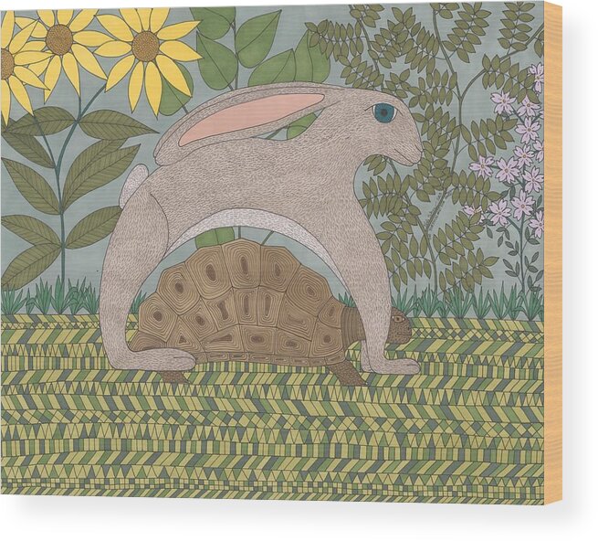 Aesop's Fables Wood Print featuring the drawing The Tortoise and the Hare by Pamela Schiermeyer