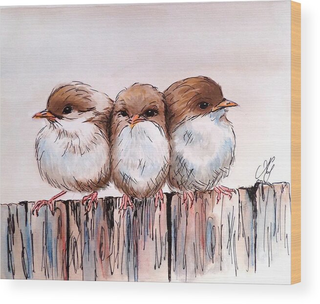 Watercolour Wood Print featuring the painting Three baby Fairy Wrens by Anne Gardner