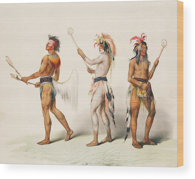 Three Indians Playing Lacrosse Wood Print featuring the digital art Three Indians Playing Lacrosse by Unknown