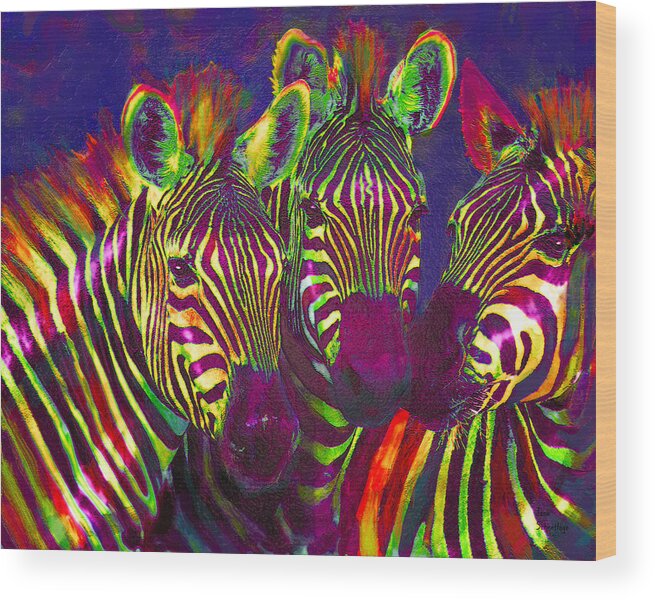 Jane Schnetlage Wood Print featuring the digital art Three Rainbow Zebras by Jane Schnetlage