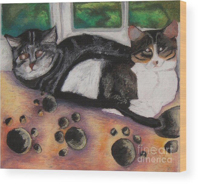 Cat Oil Pastels Drawings House Cat Oil Pastels Drawings Wood Print featuring the pastel Tibet and Ringo by Jon Kittleson