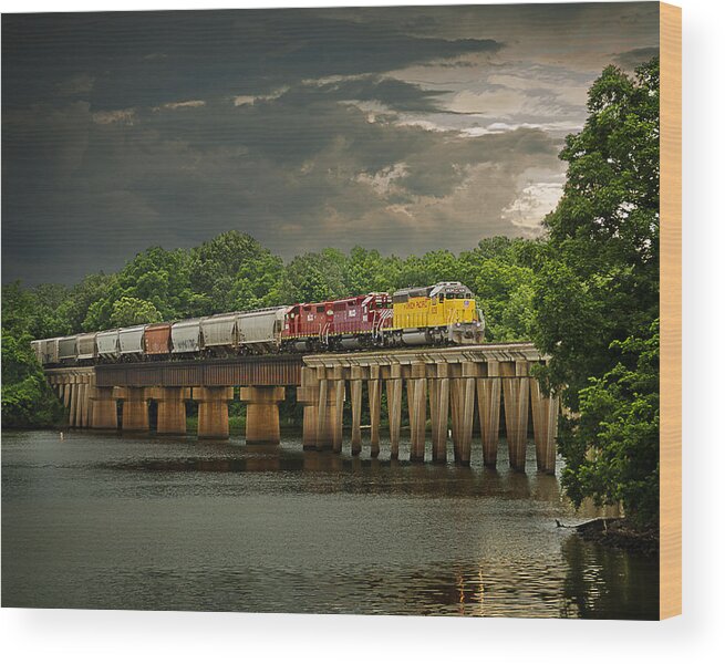 Train Wood Print featuring the photograph Train on a Stormy River Evening by Randy Forrester