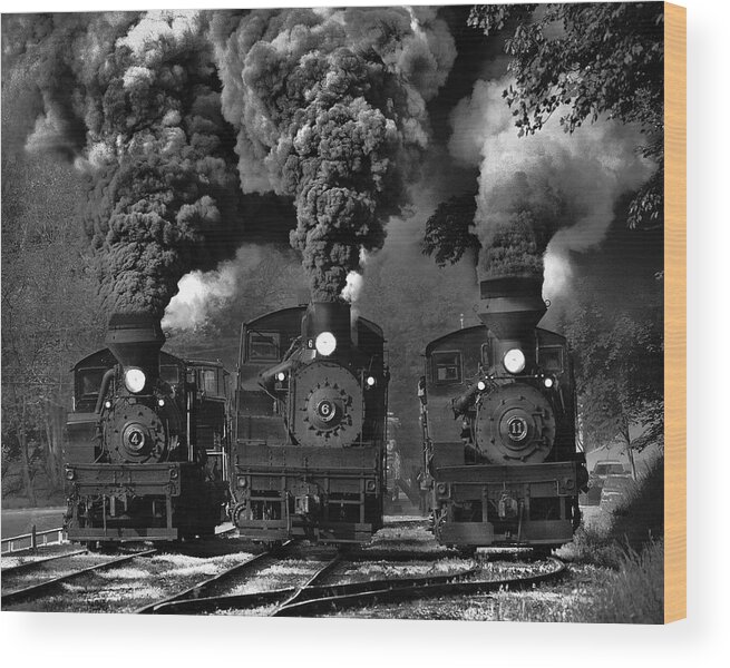 Steam Wood Print featuring the photograph Train Race In Bw by Chuck Gordon