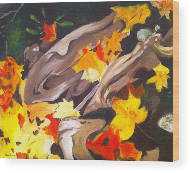 Tree Roots Wood Print featuring the painting Tree Roots and Autumn Leaves by Judy Swerlick