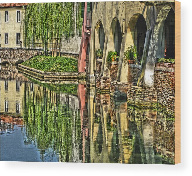 Canal Reflections Wood Print featuring the digital art Treviso Canal and Reflections by Greg Matchick