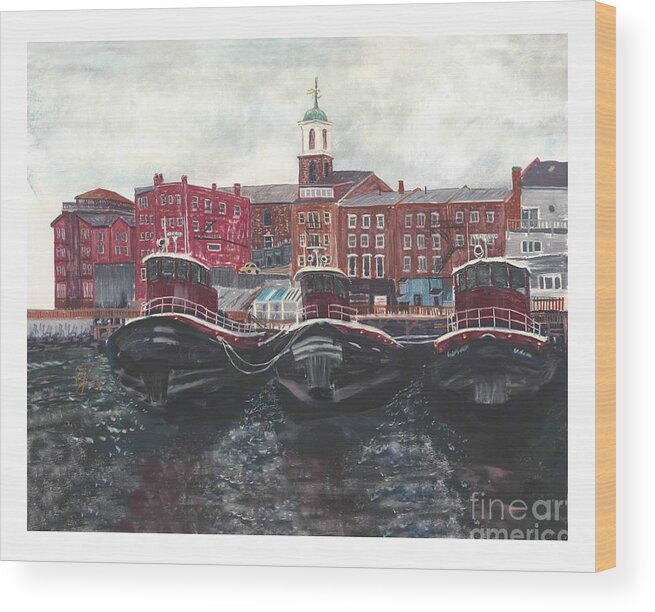 Tugboats Wood Print featuring the pastel Tugboats of Portsmouth by Francois Lamothe