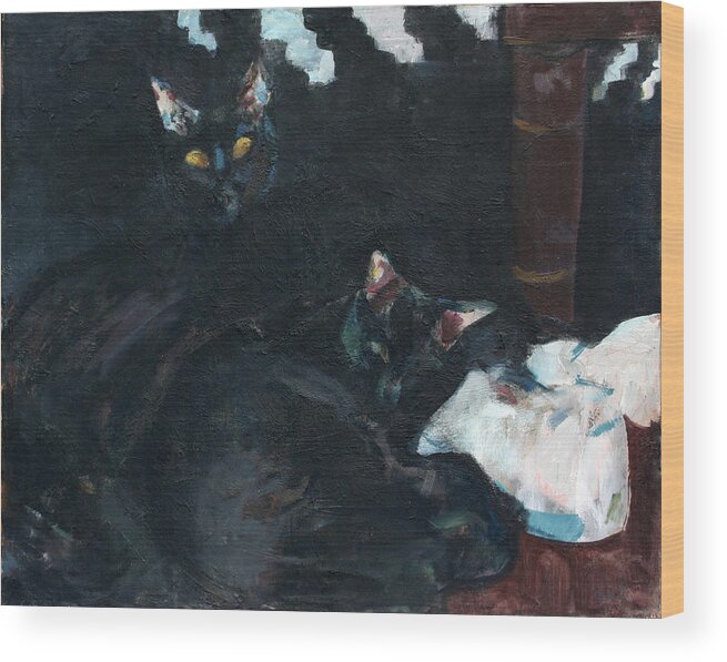 Black Cats Wood Print featuring the painting Two Black Cats by Anita Dale Livaditis