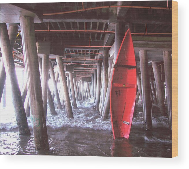 santa Monica Pier Boardwalk Row Boat Surf Coast Waves Ocean Bay California Red Water Wood Print featuring the photograph Under the Boardwalk by Pamela A. Rogers by California Coastal Commission