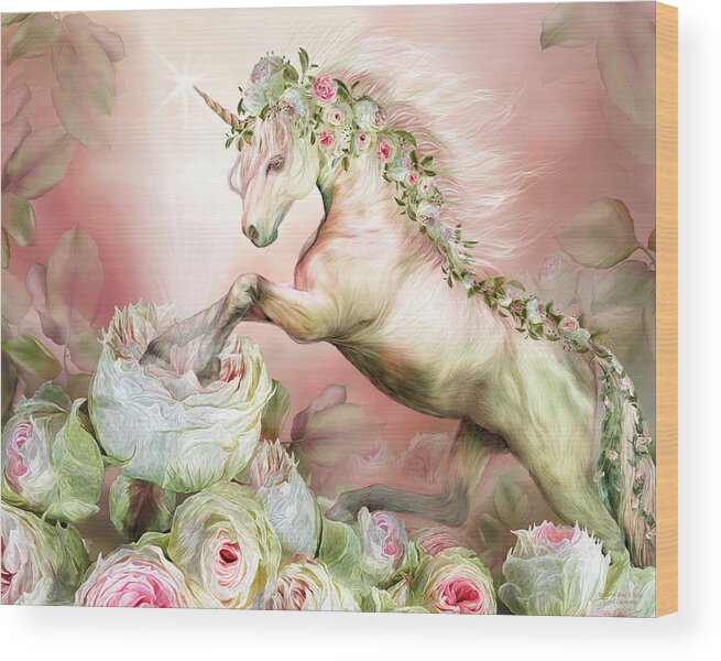 Unicorn Wood Print featuring the mixed media Unicorn And A Rose by Carol Cavalaris