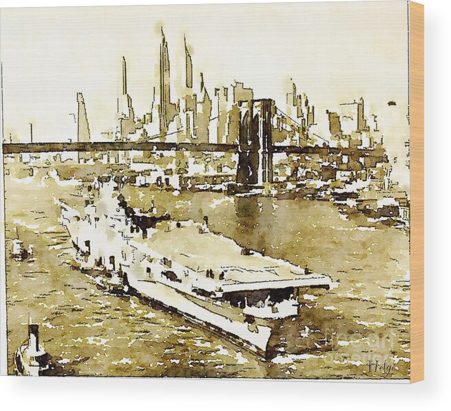 Navy Wood Print featuring the painting USS Tarawa NYC and Brooklyn Bridge by HELGE Art Gallery