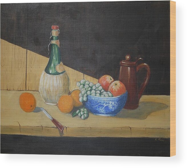 Still Life Wood Print featuring the painting Vino and Fruit by Anthony Ross