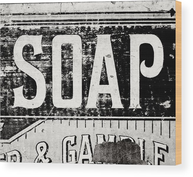 Black And White Wood Print featuring the photograph Vintage Soap Crate in Black and White by Lisa R