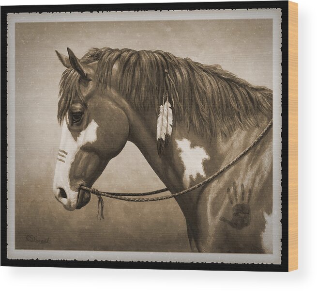 Horse Wood Print featuring the painting War Horse Old Photo FX by Crista Forest