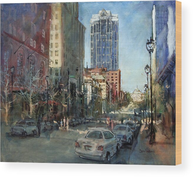 Raleigh Wood Print featuring the painting Watch Over Fayetteville Street by Dan Nelson