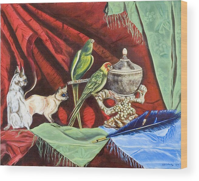 Susan Culver Unusual Still Life Paintings Wood Print featuring the painting What' new pussycats by Susan Culver