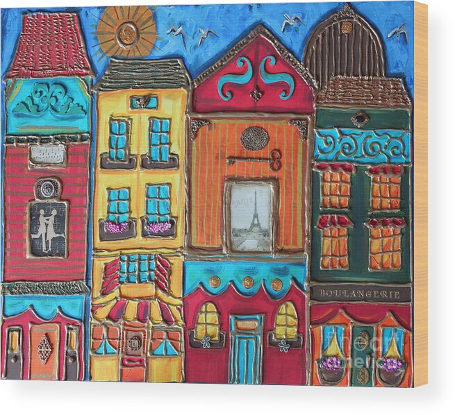 Embossed Wood Print featuring the painting Whimsical Street in Paris 1 by Cynthia Snyder