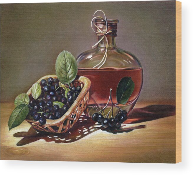 Wine Wood Print featuring the drawing Wine and Berries by Natasha Denger