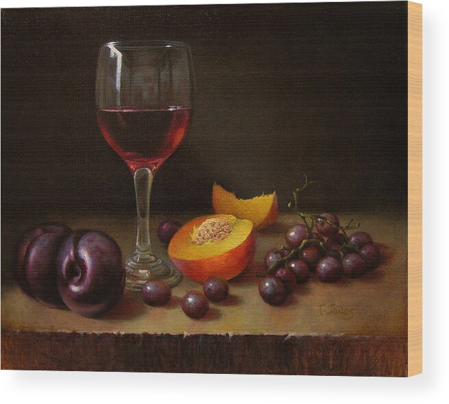 Wine Wood Print featuring the painting Wine Peach and Plums by Timothy Jones