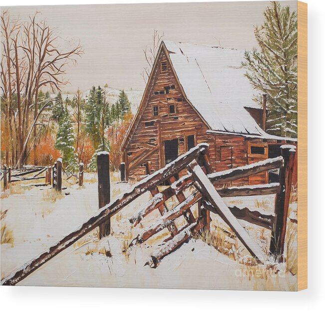 Winter Wood Print featuring the painting Winter - Barn - Snow in Nevada by Jan Dappen