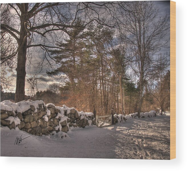 Winter Wood Print featuring the photograph Winter Gate and Stone Wall by Mark Valentine