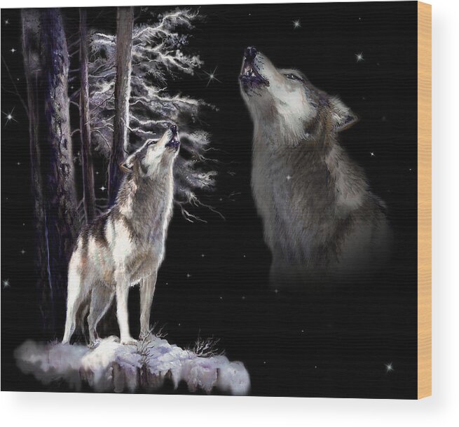 Original Wildlife Acrylic Painting By Gina Femrite Wood Print featuring the painting Wolf howling memory by Regina Femrite