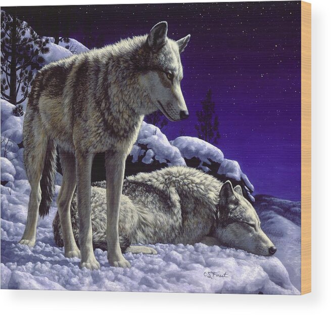 Wolf Wood Print featuring the painting Wolf Painting - Night Watch by Crista Forest