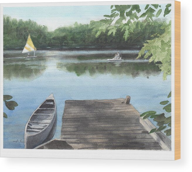 <a Href=http://miketheuer.com>www.miketheuer.com</a> Wooded Lake Watercolor Portrait Wood Print featuring the painting Wooded Lake Watercolor Portrait by Mike Theuer