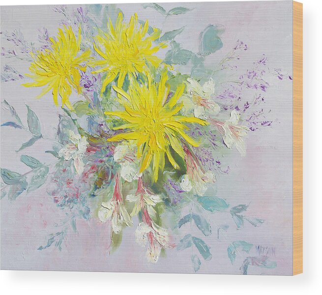 Dahlias Painting Wood Print featuring the painting Yellow dahlias and Peruvian Lilies by Jan Matson