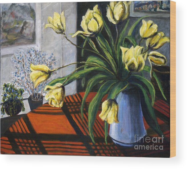Tulips Wood Print featuring the painting 01218 Yellow Tulips by AnneKarin Glass